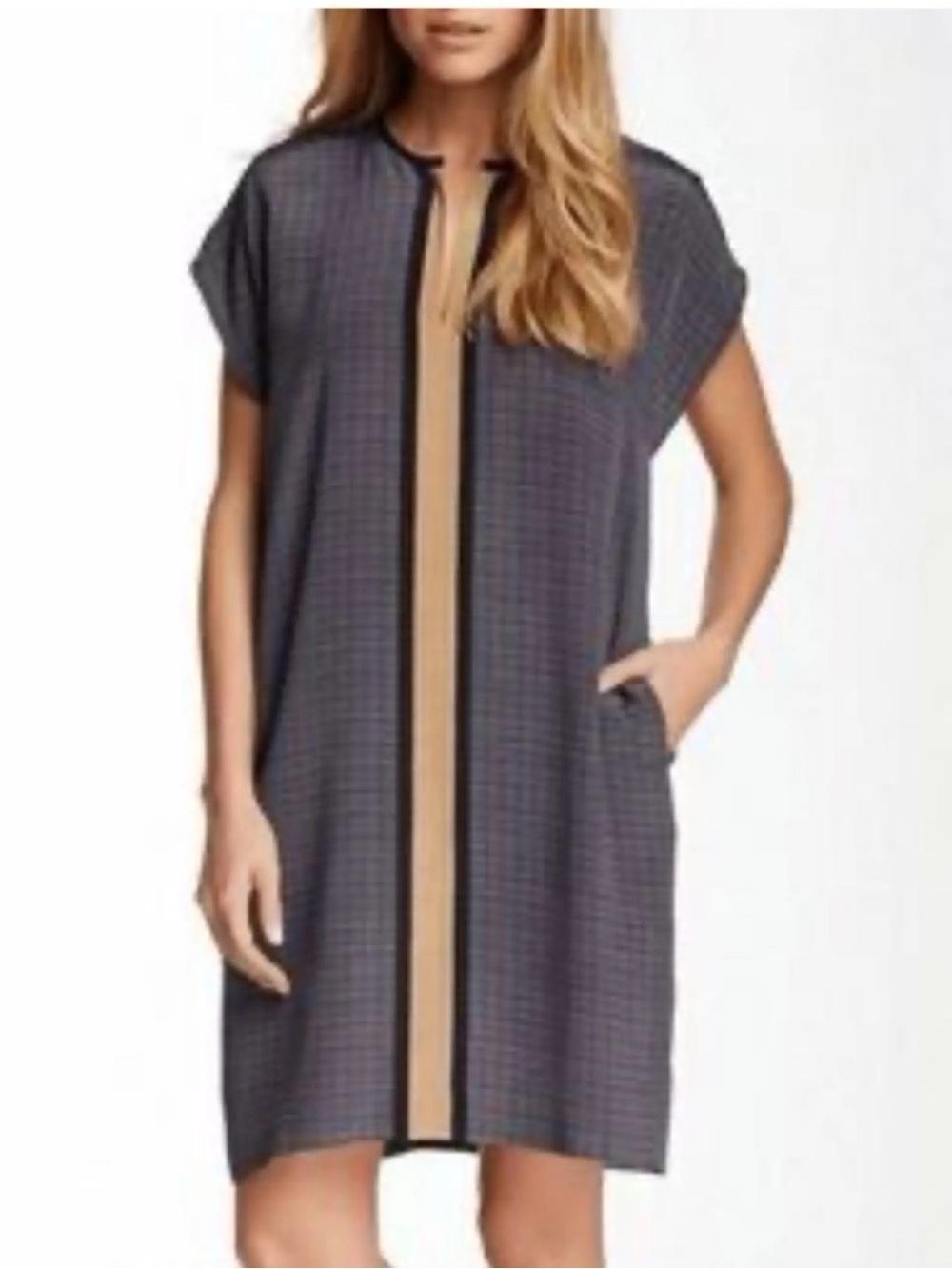 Vince Gray Check Short Sleeve Chemise with Tan Center Stripe and Black Trim